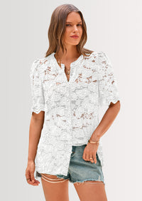 PRETTYGARDEN Womens Spring Lace Tops Short Puff Sleeve Casual Dressy Blouses Eyelet Crew Neck Button Down Shirts