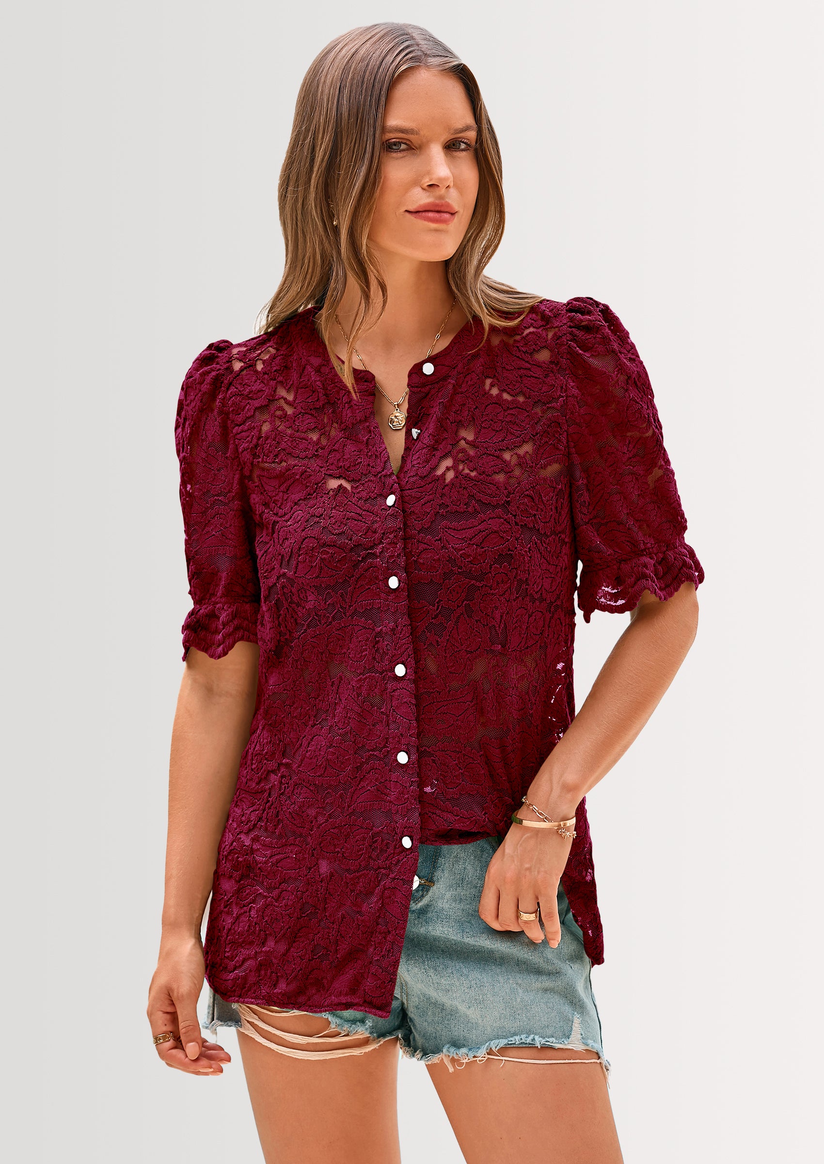 PRETTYGARDEN Womens Spring Lace Tops Short Puff Sleeve Casual Dressy Blouses Eyelet Crew Neck Button Down Shirts