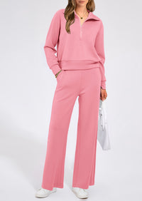 PRETTYGARDEN Women's 2 Piece Outfits Casual Lapel Half Zip Sweatshirts And Wide Leg Pants Tracksuit Sets