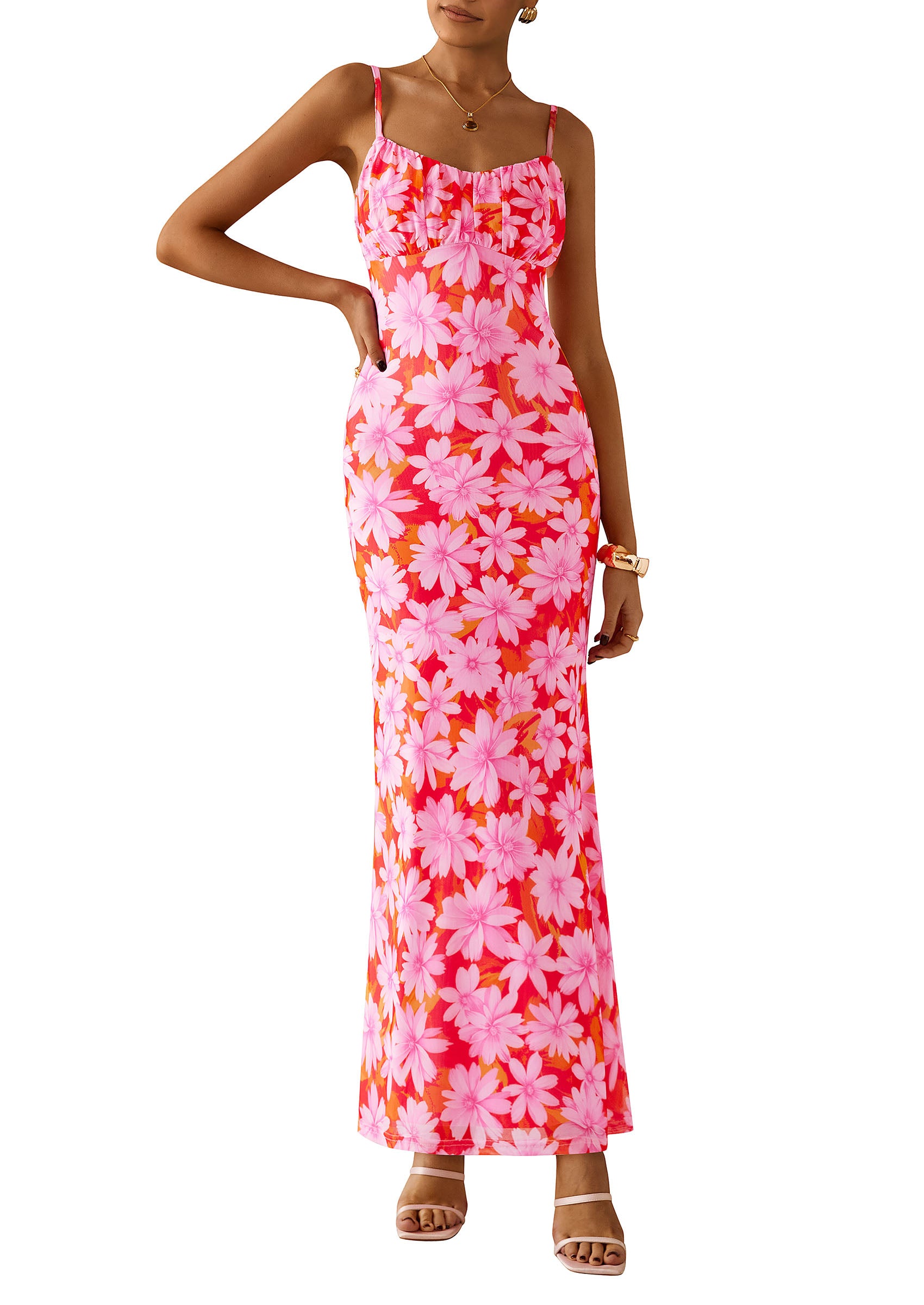 PRETTYGARDEN Women's Bodycon Maxi Dress Floral Sundress Sleeveless Spaghetti Strap Cocktail Party Dress