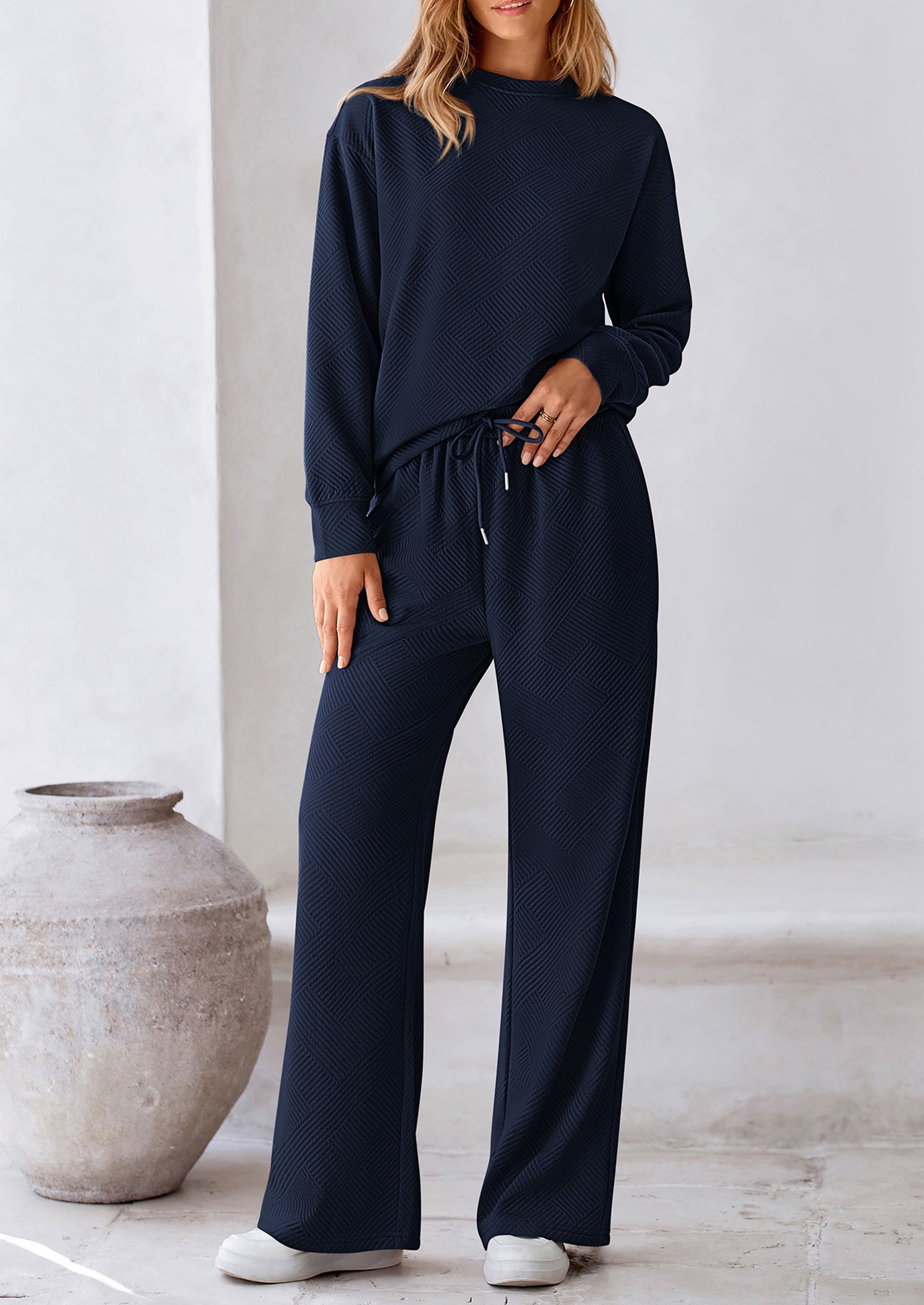 PRETTYGARDEN 2 Piece Long Sleeve Pullover Tops and Wide Leg Pants Knitted Lounge Sets PRETTYGARDEN