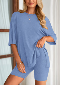 PRETTYGARDEN Women's Two Piece Lounge Set Summer Casual Oversized Shirts Biker Shorts Matching Airport Travel Outfit