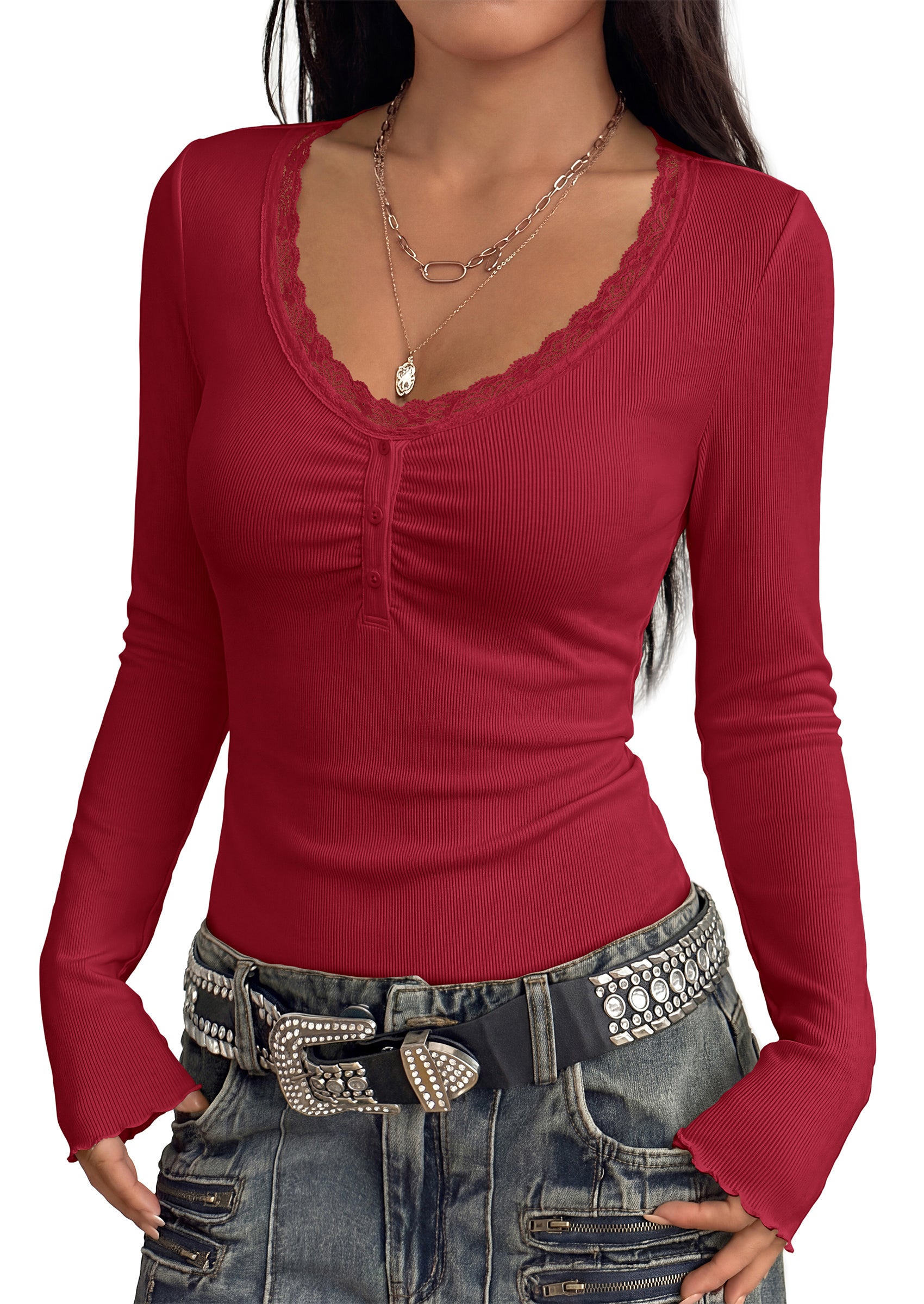 PRETTYGARDEN Womens Fall Long Sleeve Tops Lace Trim V Neck Button Henley Tshirts Slim Fitted Going Out Y2k Basic Shirts 2026