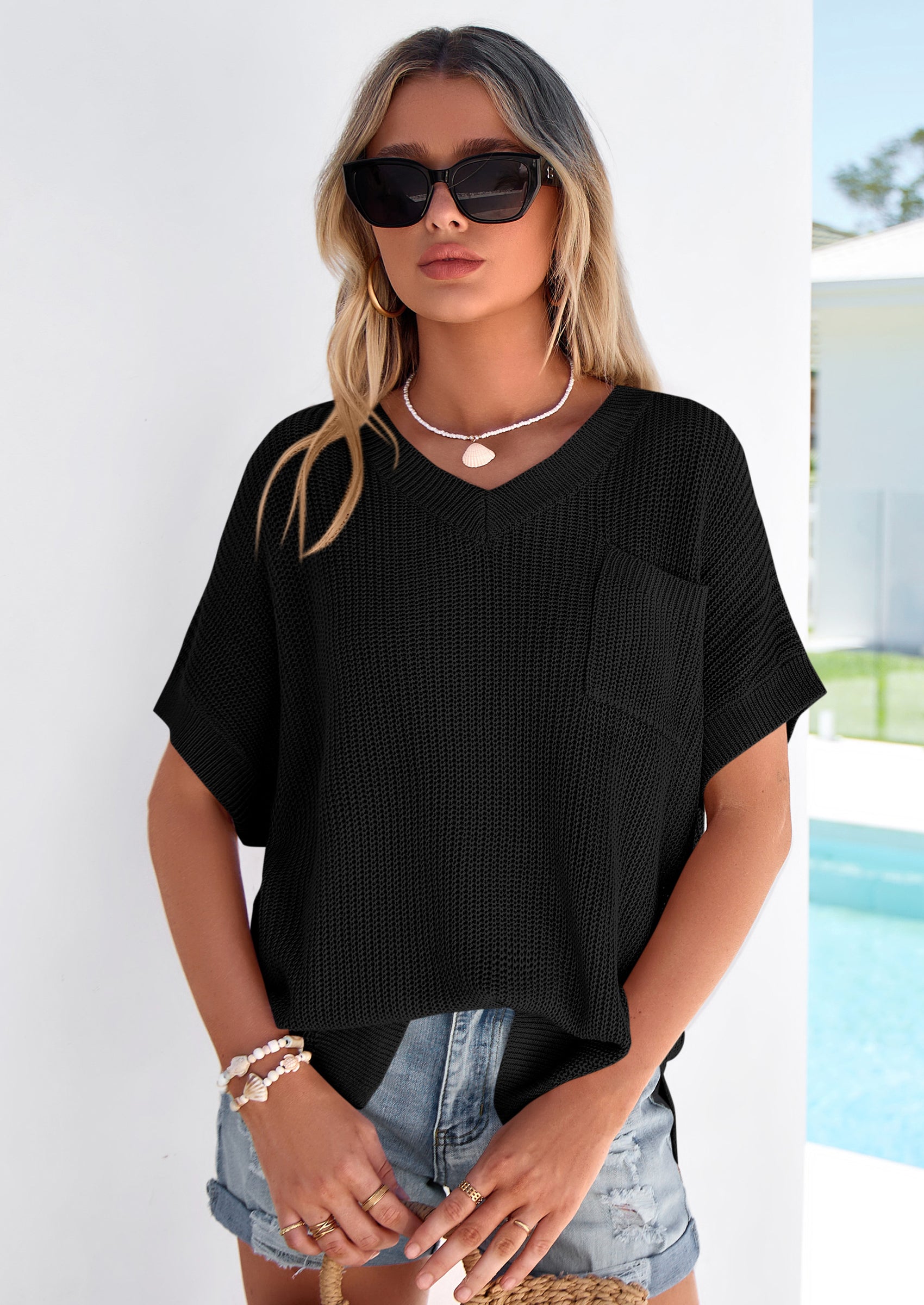 PRETTYGARDEN Women's Spring Short Sleeve Sweaters Lightweight V Neck Casual Going Out Summer T PRETTYGARDEN