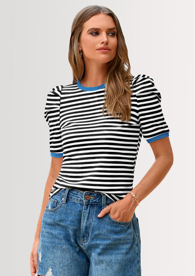 PRETTYGARDEN Women's Summer Puff Sleeve Tops Casual Ribbed Knit Crop Top Color Block Trendy Crewneck Striped Shirts