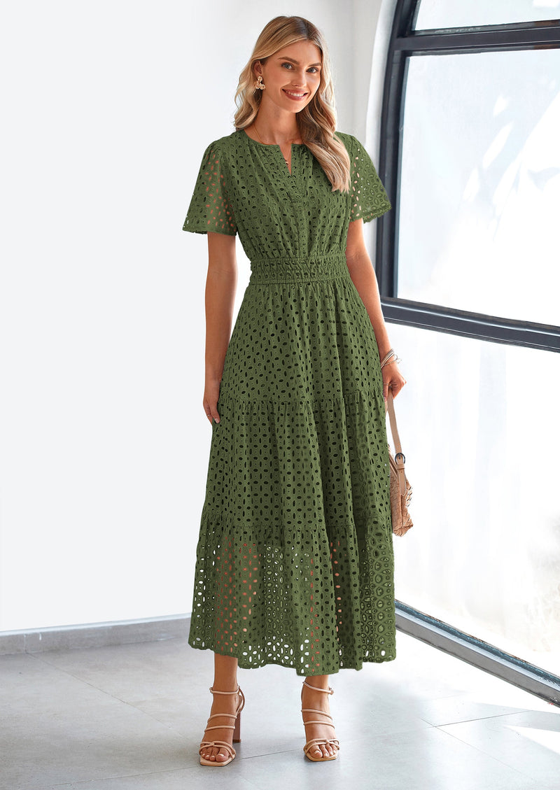 PRETTYGARDEN Womens Maxi Dress Short Sleeve V Neck Hollow Out Eyelet A Line Long Flowy Beach Vacation Dresses - PRETTYGARDEN