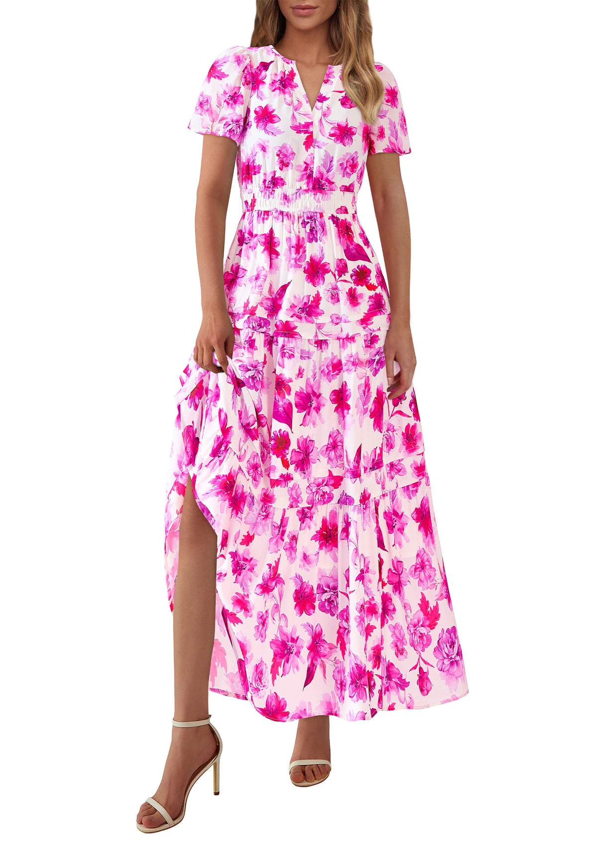 Summer Boho Floral Short Sleeve V Neck A Line Tiered Ruffle Flowy Long Beach Vacation Maxi Dresses