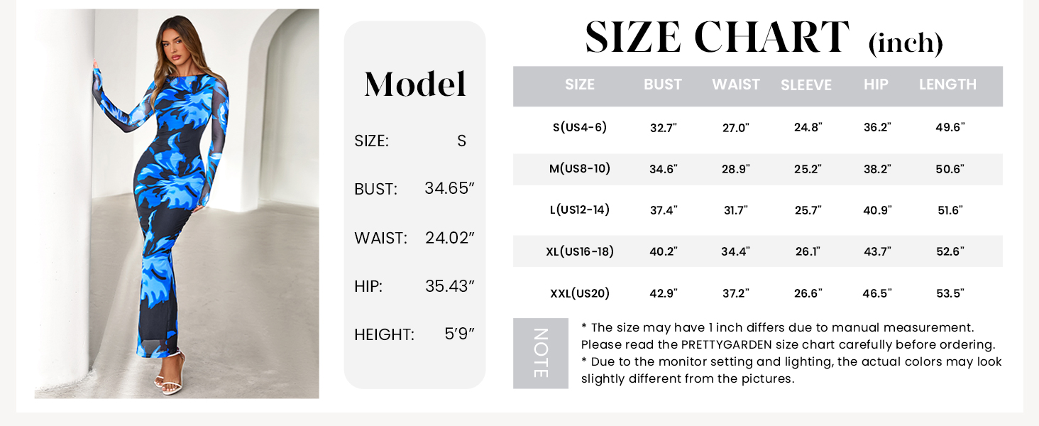 PRETTYGARDEN Bodycon Maxi Dress Fall Floral Long Sleeve Sexy Mesh Cocktail Wedding Guest Long Dresses
