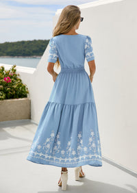 PRETTYGARDEN Women's Summer Boho Maxi Dress Spring Floral Short Sleeve V Neck A Line Flowy Beach Wedding Guest Dresses PRETTYGARDEN