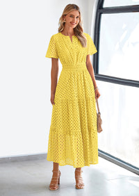 PRETTYGARDEN Womens Maxi Dress Short Sleeve V Neck Hollow Out Eyelet A Line Long Flowy Beach Vacation Dresses