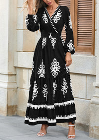 PRETTYGARDEN Women's Fall Wedding Guest Dresses Boho Floral Long Sleeve V Neck Flowy Elegant Maxi Dress Beach Clothes