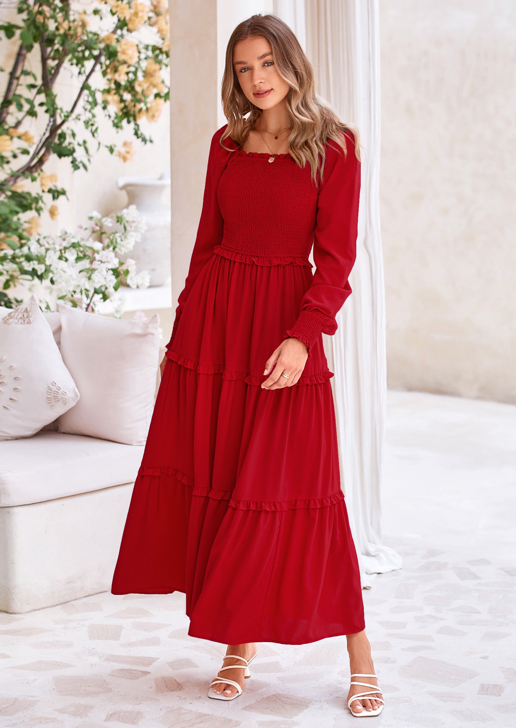 PRETTYGARDEN Fall Wedding Guest Dresses for Women Long Sleeve Square Neck Tiered A Line Modest Elegant Flowy Dresses