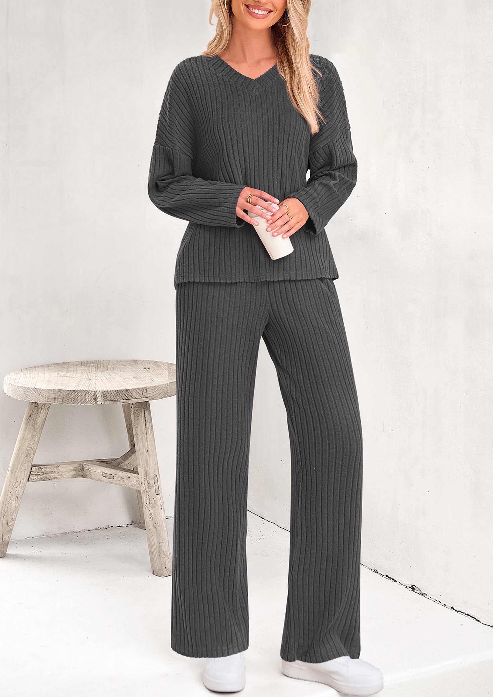 PRETTYGARDEN Women's 2 Piece Lounge Sets Ribbed Knit Long Sleeve V Neck Pullover Tops Wide Leg Pants Spring Fall Outfits