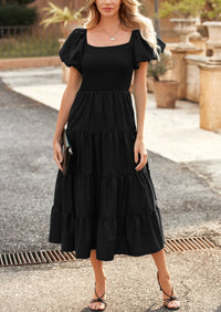 PRETTYGARDEN Women's Summer Casual Midi Dress Puffy Short Sleeve Square Neck Smocked Tiered Ruffle Dresses