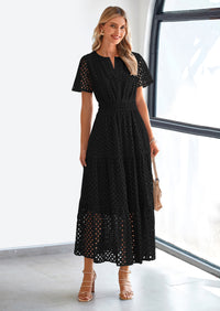 PRETTYGARDEN Womens Maxi Dress Short Sleeve V Neck Hollow Out Eyelet A Line Long Flowy Beach Vacation Dresses