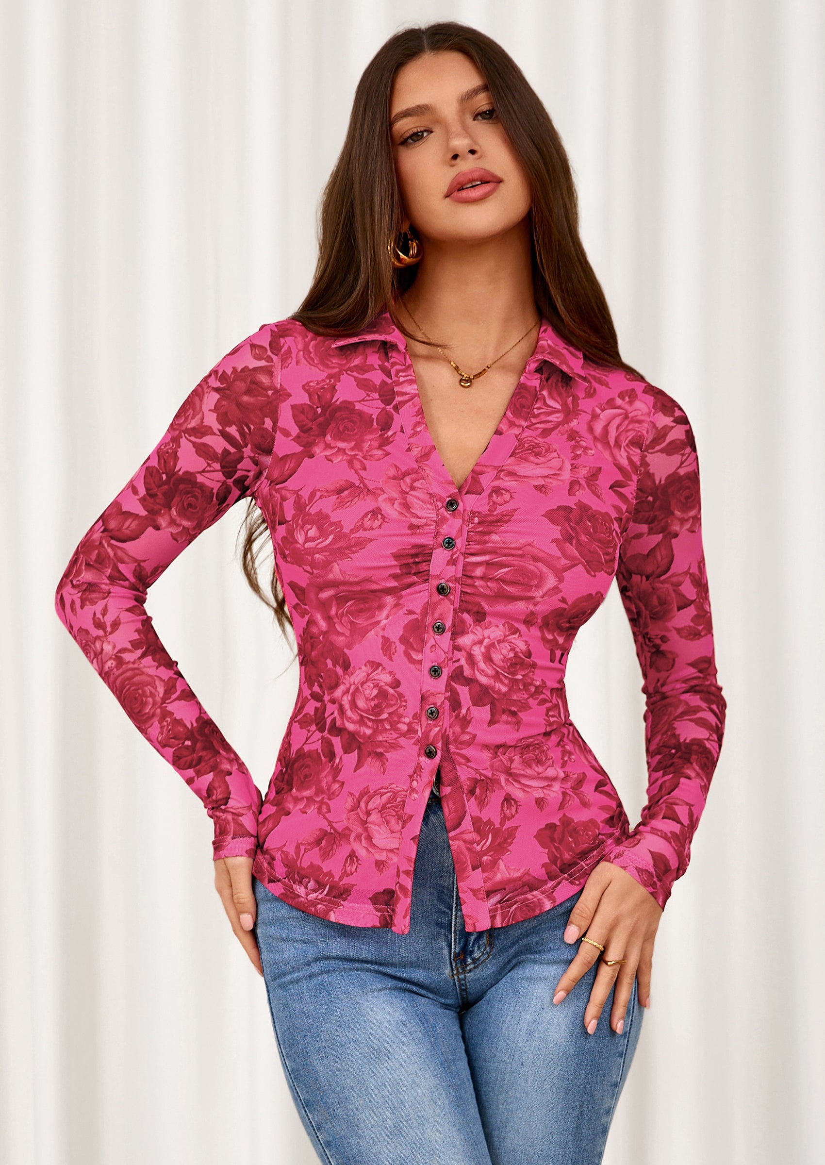 PRETTYGARDEN Women Button Down Floral Shirts Fall Trendy Long Sleeve V Neck Ruched Fitted Mesh Blouse Tops Date Outfits