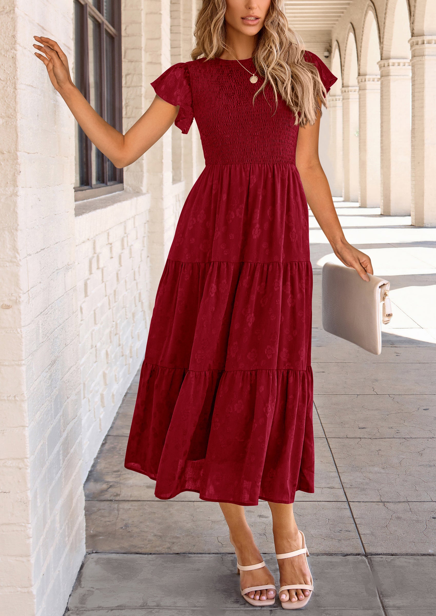 PRETTYGARDEN Midi Dress for Women Summer Floral Cap Sleeve Smocked Ruffle A Line Long Flowy Wedding Guest Dresses