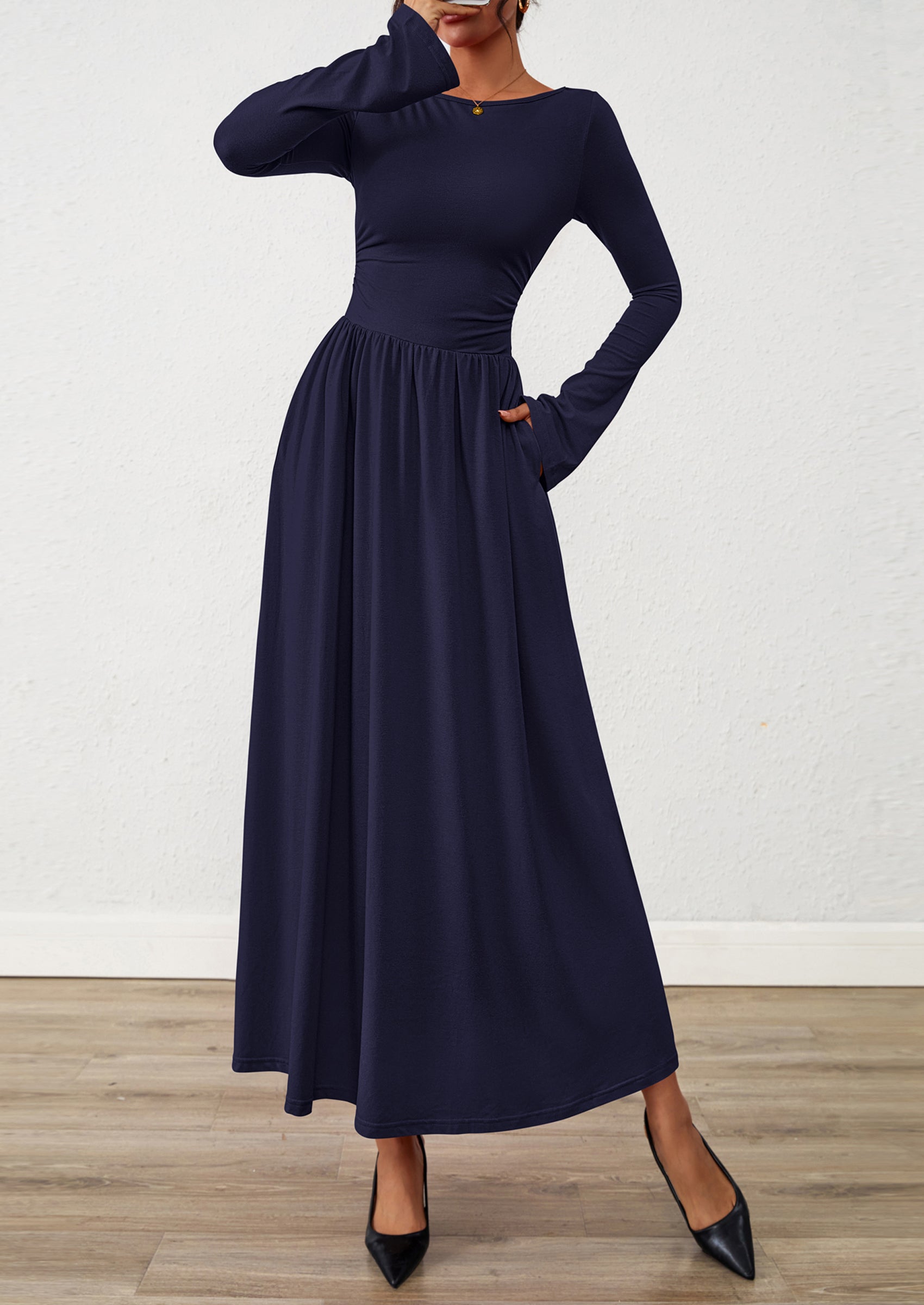 BTFBM Long Sleeve Maxi Dresses for Women Fall Casual Ruched Boat Neck Flowy Elegant Formal Wedding Guest Dress