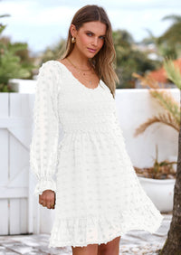 BTFBM Spring Dresses for Women 2026 Long Sleeve Casual V Neck Swiss Dot Smocked Ruffle Chiffon Flowy Mini Summer Dress PRETTYGARDEN