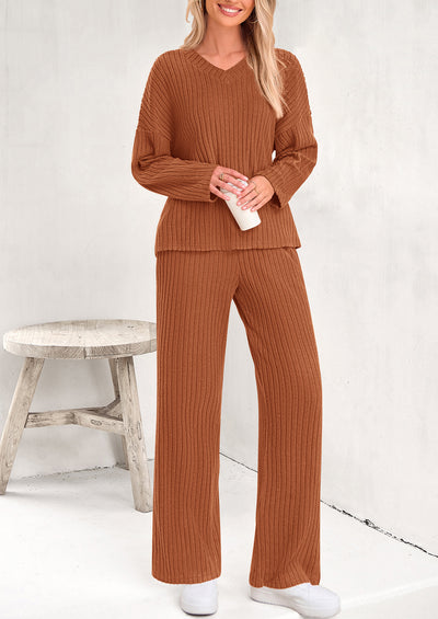 PRETTYGARDEN Women's 2 Piece Lounge Sets Ribbed Knit Long Sleeve V Neck Pullover Tops Wide Leg Pants Spring Fall Outfits