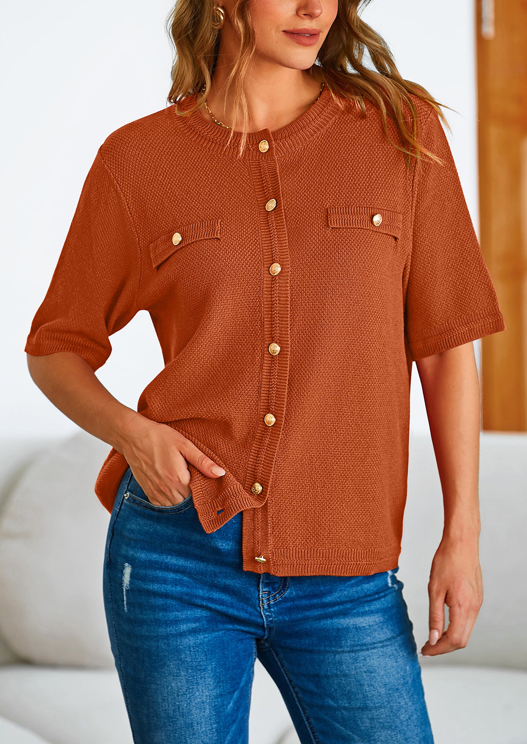 PRETTYGARDEN Women's Summer Button Down Shirts Casual Short Sleeve Crew Neck Ribbed Knit Blouse Top Cardigans