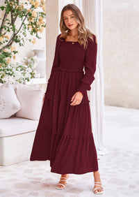PRETTYGARDEN Fall Wedding Guest Dresses for Women Long Sleeve Square Neck Tiered A Line Modest Elegant Flowy Dresses