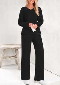 PRETTYGARDEN Women's 2 Piece Lounge Sets Ribbed Knit Long Sleeve V Neck Pullover Tops Wide Leg Pants Spring Fall Outfits