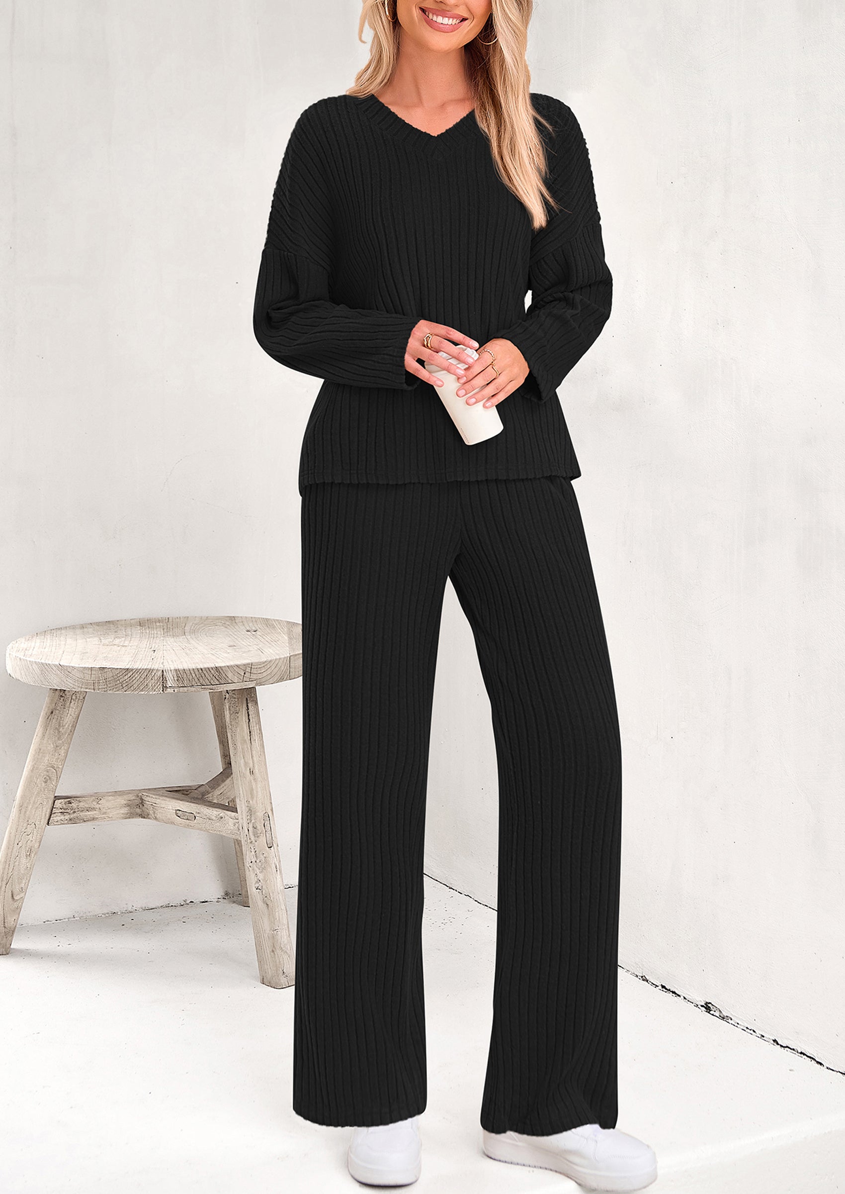 PRETTYGARDEN Women's 2 Piece Lounge Sets Ribbed Knit Long Sleeve V Neck Pullover Tops Wide Leg Pants Spring Fall Outfits