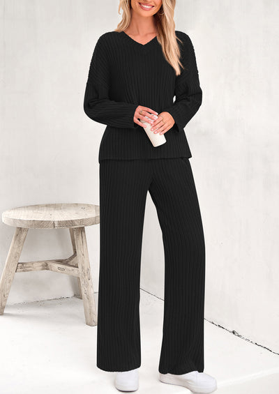 PRETTYGARDEN Women's 2 Piece Lounge Sets Ribbed Knit Long Sleeve V Neck Pullover Tops Wide Leg Pants Spring Fall Outfits