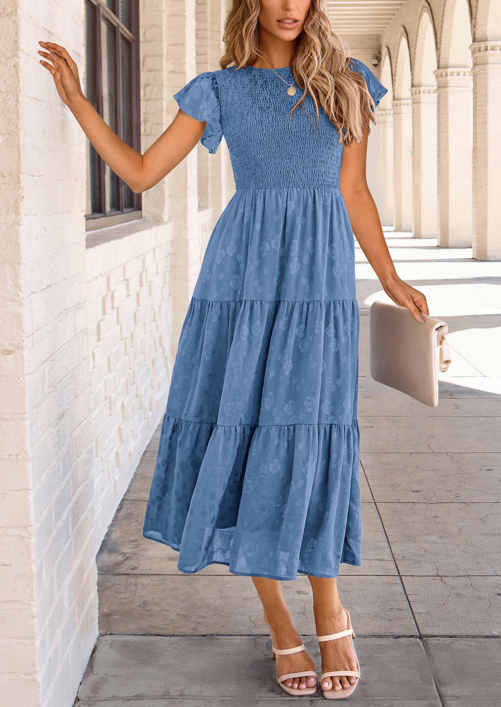 PRETTYGARDEN Midi Dress for Women Summer Floral Cap Sleeve Smocked Ruffle A Line Long Flowy Wedding Guest Dresses