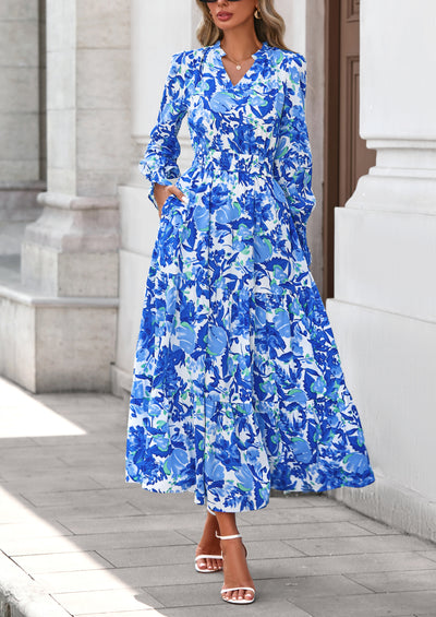 PRETTYGARDEN Women's Floral Maxi Dress Spring Long Sleeve V Neck Casual A Line Long Flowy Boho Party Dresses