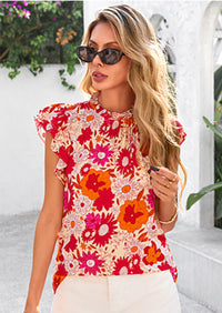 PRETTYGARDEN Women's Ruffle Short Sleeve Summer Tops Trendy Floral Trim Neck Casual Dressy Chiffon Boho Blouses Shirts PRETTYGARDEN