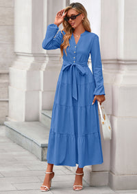 PRETTYGARDEN Fall Dresses for Women Long Sleeve V Neck Belted Ruffle A Line Flowy Boho Maxi Wedding Guest Dress Pockets