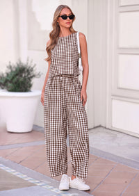 PRETTYGARDEN Womens 2 Piece Sets Summer Plaid Sleeveless Tops Wide Leg Pants Matching Lounge Set Beach Vacation Outfits