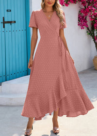 PRETTYGARDEN Women's Summer Maxi Dress Casual Wrap Floral Boho Short Sleeve V Neck Split Ruffle Beach Long Dresses