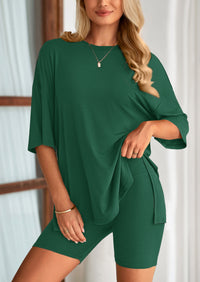 PRETTYGARDEN Women's Two Piece Lounge Set Summer Casual Oversized Shirts Biker Shorts Matching Airport Travel Outfit