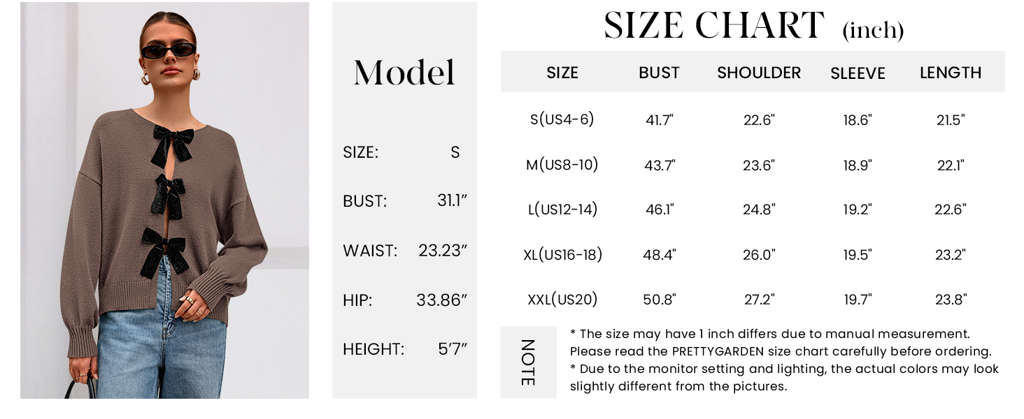 PRETTYGARDEN Cardigan Sweaters for Women Fall Bow Tie Front Long Sleeve Knit Sweater Tops Cute Going Out Outfits