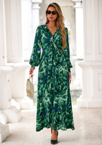 PRETTYGARDEN Women's Fall Boho Maxi Dress Floral Long Sleeve V Neck Flowy Belted Elegant Holiday Party Dresses