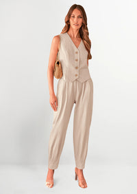 PRETTYGARDEN Two Piece V Neck Button Front Cropped Tank Tops Vest Pockets Pants Cotton Sets