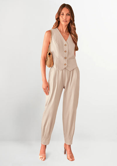 PRETTYGARDEN Two Piece V Neck Button Front Cropped Tank Tops Vest Pockets Pants Cotton Sets
