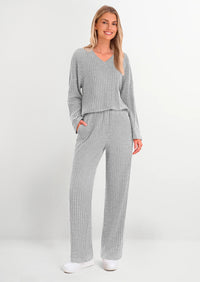 PRETTYGARDEN Women's 2 Piece Lounge Sets Ribbed Knit Long Sleeve V Neck Pullover Tops Wide Leg Pants Spring Fall Outfits
