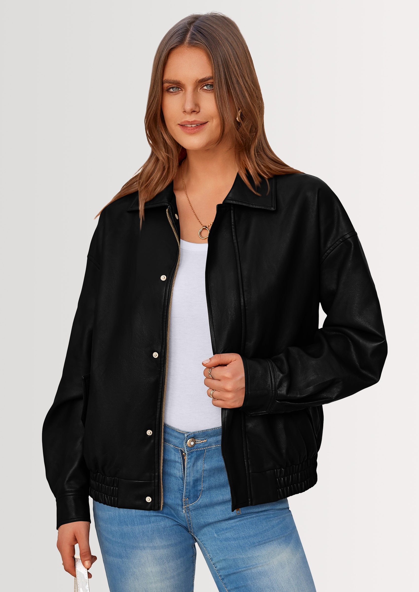 PRETTYGARDEN Women's Faux Leather Motorcycle Jacket Trendy Fall Spring Clothes Oversized Zip Up Winter Coat Outerwear