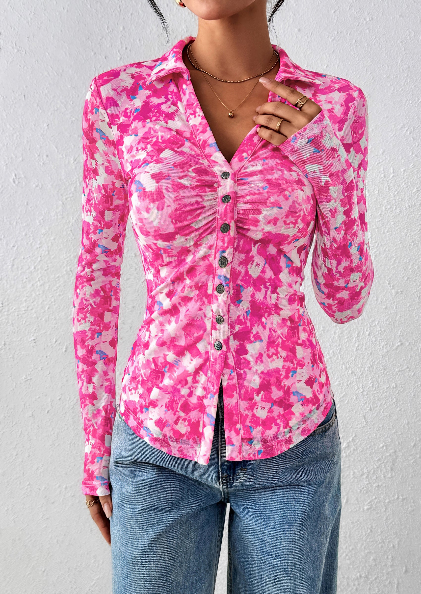 PRETTYGARDEN Women Button Down Floral Shirts Fall Trendy Long Sleeve V Neck Ruched Fitted Mesh Blouse Tops Date Outfits