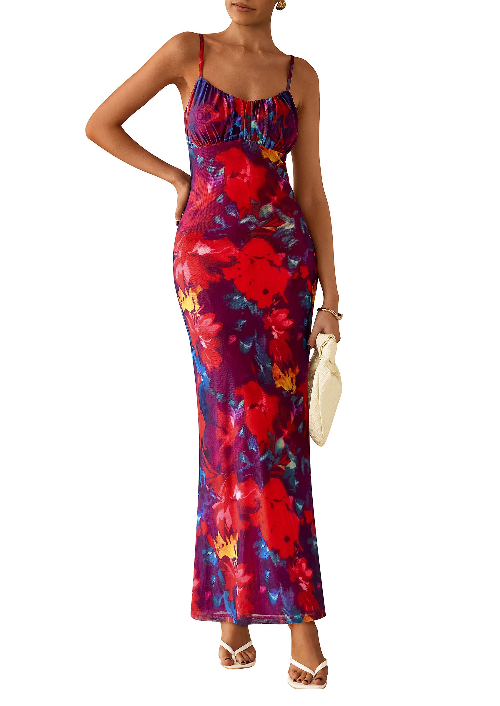 PRETTYGARDEN Women's Bodycon Maxi Dress Floral Sundress Sleeveless Spaghetti Strap Cocktail Party Dress