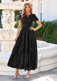 PRETTYGARDEN Womens Boho Maxi Dress Floral Summer Spring Short Sleeve V Neck A Line Embroidered Beach Vacation Dresses