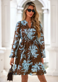 PRETTYGARDEN Women's Fall Boho Dresses Floral Long Sleeve V Neck Mini Flowy Wedding Guest Dress Trendy Vacation Outfits