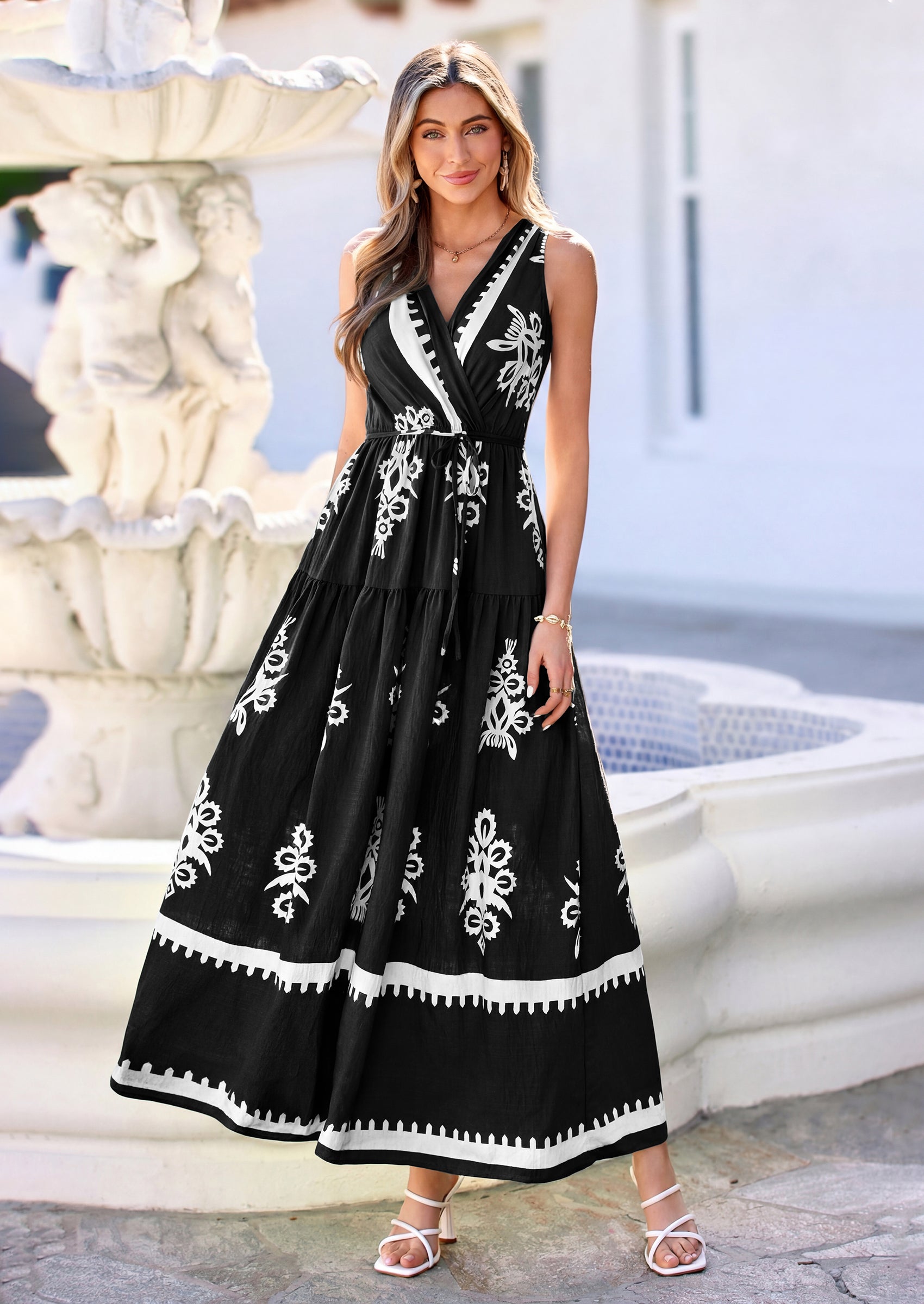 PRETTYGARDEN Womens Floral Maxi Dress Sleeveless Vneck Belt Ruffle Long Dresses Boho Summer Beach Vacation Clothes