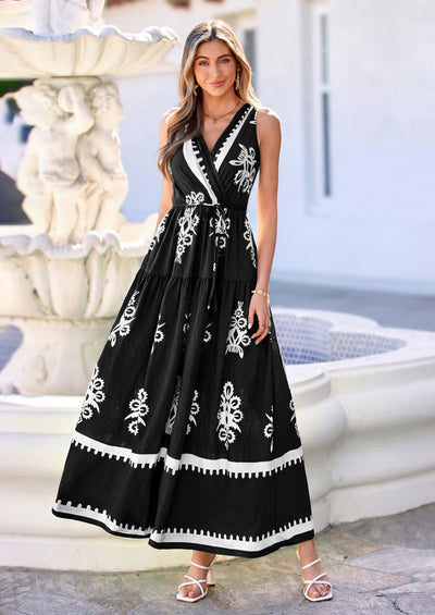 PRETTYGARDEN Womens Floral Maxi Dress Sleeveless Vneck Belt Ruffle Long Dresses Boho Summer Beach Vacation Clothes
