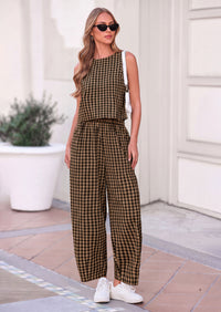 PRETTYGARDEN Womens 2 Piece Sets Summer Plaid Sleeveless Tops Wide Leg Pants Matching Lounge Set Beach Vacation Outfits