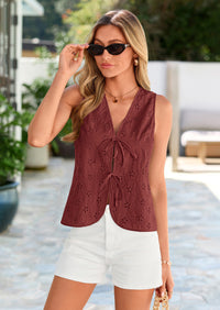 PRETTYGARDEN Women Summer Tie Front Eyelet Tank Tops Trendy Floral Vest Sleeveless V Neck Dressy Blouse Vacation Outfits
